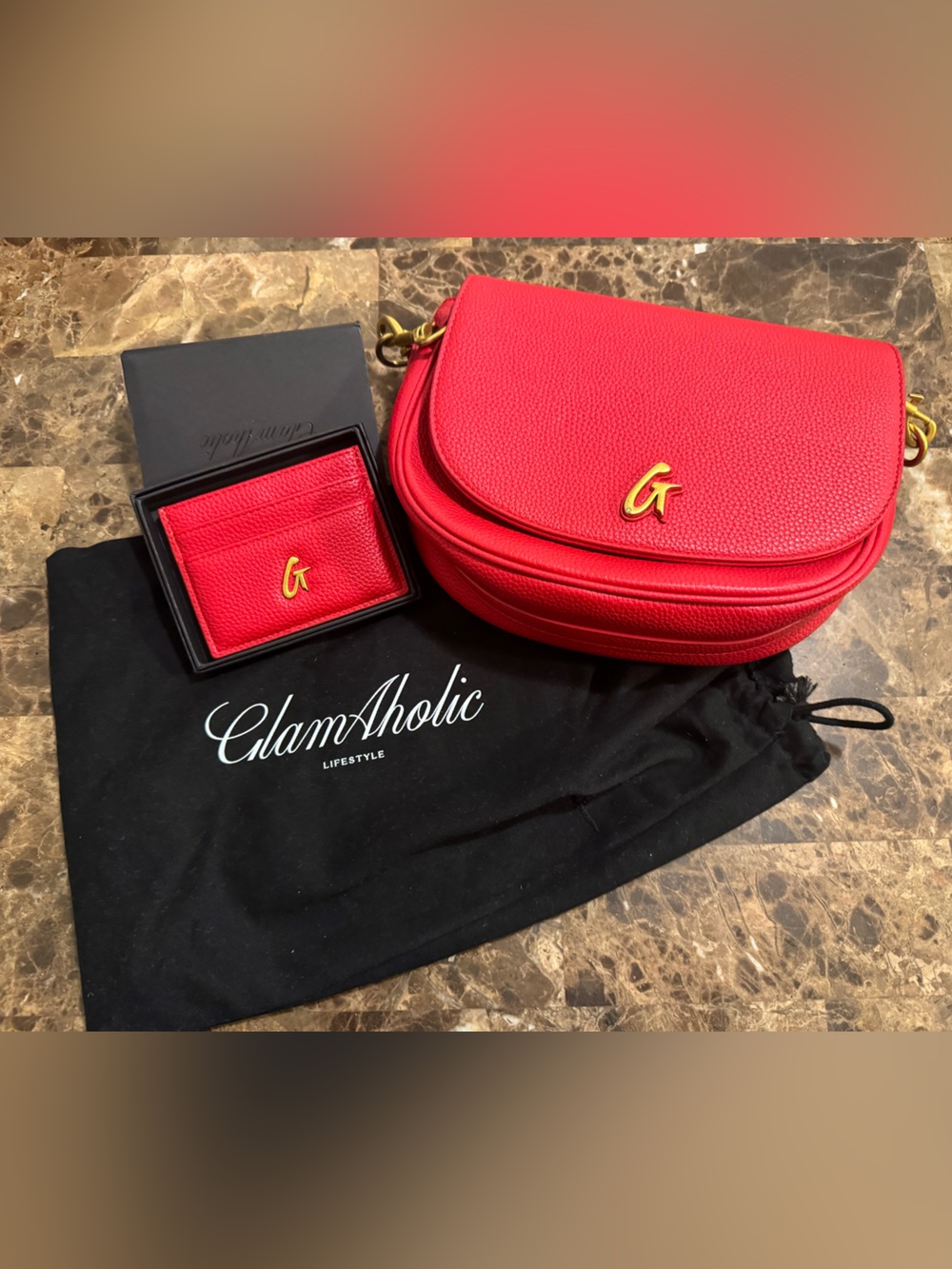 Glamsholic Red Leather Crossbody Bag with Card Holder